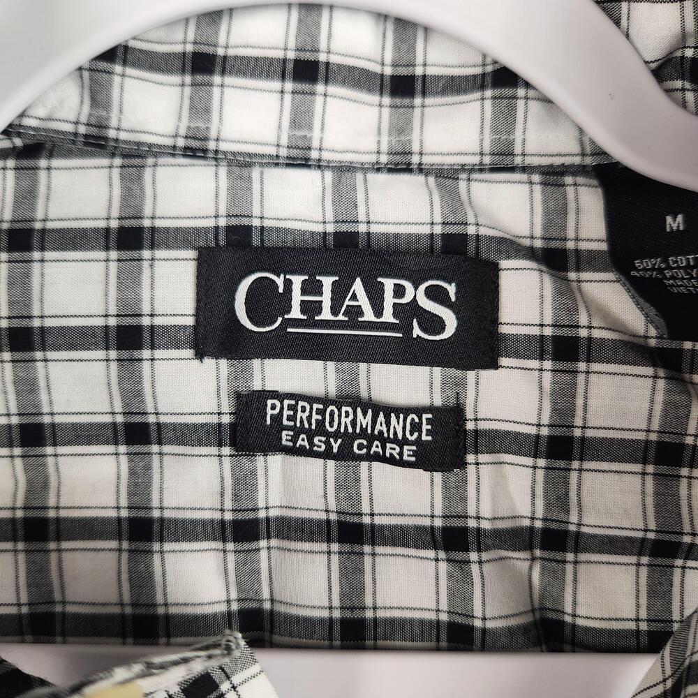 Chaps Shirt Mens Medium White Black Plaid Performance Short Sleeve Pocket Casual